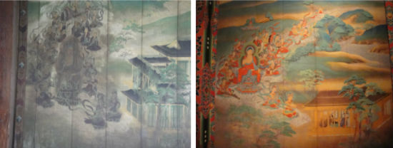 　　대웅전 벽에 그려진 아미타여래와 박물관에 복원해 놓은 모습입니다. 