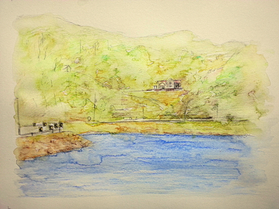 옥천군 삼방 저수지 위에 자리한 고은광순 씨의 한의원. 종이 위에 수채 색연필로 그렸다. 