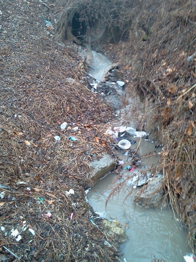   매립장에서 나오는 특수오염물질이 하수로를 통해 강으로 유입되고 있다.