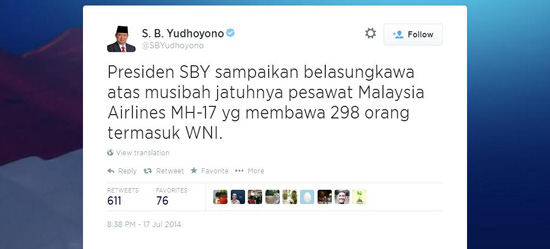  수실로 밤방 유도요노 인도네시아 대통령이 말레이시아 항공 MH17 추락으로 사망한 인도네시아 시민을 포함한 298명에게 애도를 보냈다. 