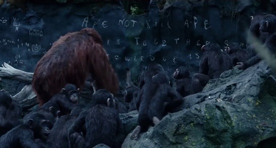  영화 <혹성탈출:반격의 서막> 중 한 장면. '유인원은 유인원을 죽이지 않는다(Ape not kill ape)'라 적힌 벽글씨가 인상적이다.