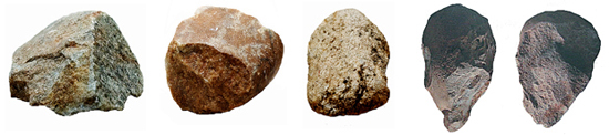상주 신상리 발굴 구석기 유물(왼쪽 3점), 안동 마애리 발굴 구석기 유물