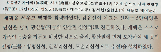  숭모전(김유신 묘역)과 계백 유적지(계백 묘역)에 세워진 안내판은 김유신과 계백에 대해 전혀 존칭을 사용하지 않는다.