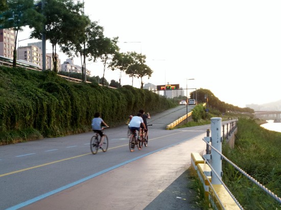 한강 자전거 도로의 라이더들 