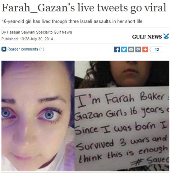 이스라엘의 가자지구 공습을 당하며 절박한 마음을 트위터에 올려 화제가 되고 있는 팔레스타인 소녀를 소개하는 <걸프뉴스> 갈무리.