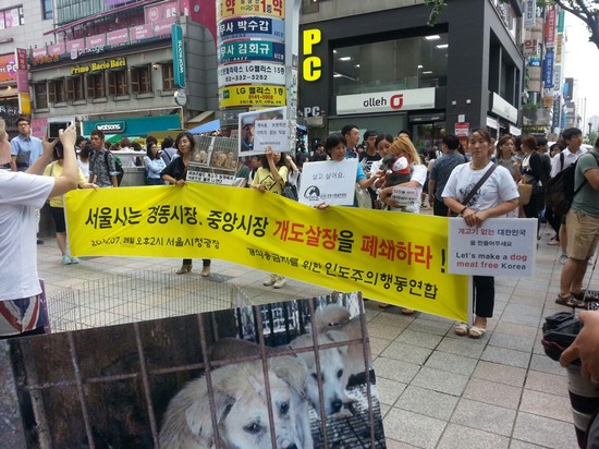 <인도주의행동연합> 회원들이 지난 7월 26일 서울 홍대거리에서 개식용 반대 캠페인을 벌이고 있다. <인도주의행동연합> 캠페인의 목표 중 하나는 '소·돼지·닭을 먹고 있으니 개도 먹어야 한다'는 하향적 평등의 프레임에서 벗어나는 것이다. 

