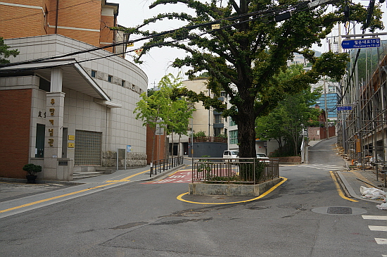 사진 왼쪽으로 휘어진 길이 옥인동 가는 길이다. 기념관은 은행나무에 가려 자칫 놓치기 쉽다