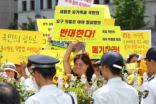 11일 오후 국회 정문 앞에서 '대한민국 엄마들'이 단원고 고 김동혁 군의 가족과 함께 참여해 세월호 특별법 밀실합의 파기와 수사권 기소권 보장된 특별법 제정을 촉구하는 기자회견을 마치고 유가족들을 응원하고 있다.