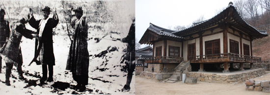 (왼쪽 사진) 안동독립운동기념관 게시 사진 중 압록강을 건너다가 일경의 건문을 당하고 있는 모습 (오른쪽) 이상룡 고택 임청각