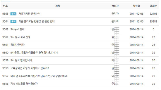 경기도교육청 홈페이지 자유게시판 학부모란에 올라온 게시글들