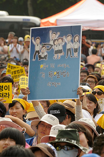 15일 오후 서울 시청광장에서 열린 '세월호 특별법 제정을 위한 범국민대회 청와대를 향한 십만의 함성'에서 참가자가 '특별법 제정'을 촉구하는 피켓을 들고 있다.