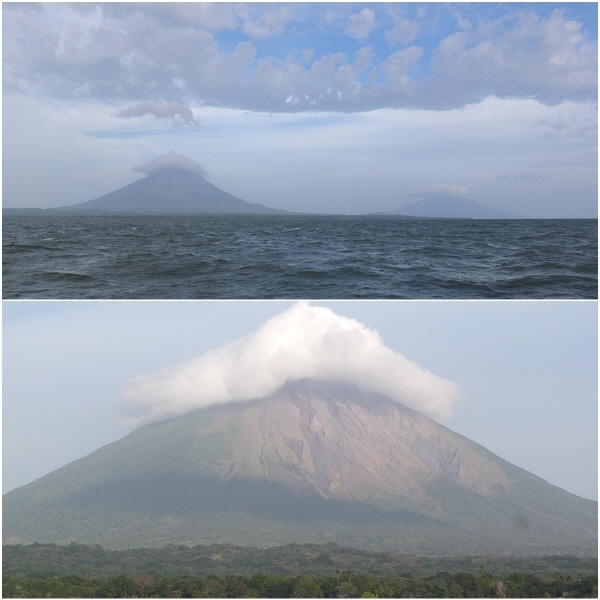 - 호수길 위로 섬이 가까워지면, 두 개의 화산이 또렷히 보인다. 왼쪽의 큰 산이 콘셉시온, 오른쪽이 마데라스 화산이다.
