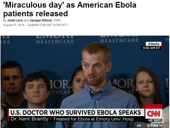 에볼라 바이러스 완치 판정을 받고 퇴원하는 켄트 브랜틀리 박사의 기자회견을 보도하는 CNN뉴스 갈무리.