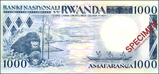 ▲다이앤 포시가 15년간 머물렀던 중앙 아프리카 화산 지대의 산악고릴라를 도안으로 넣어 고릴라 보호의 필요성을 호소하는 1988년 르완다 발행 화폐.