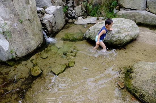 계곡에서 내려오는 맑은 물에서 물놀이하는 아이들.