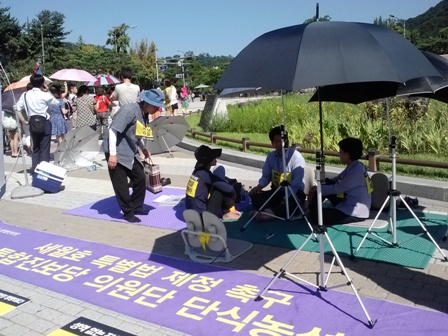 28일 오전 서울 청와대 분수대 앞에서 통합진보당 의원들이 세월호 특별법 제정을 촉구하며 8일째 동조단식을 하고 있다.