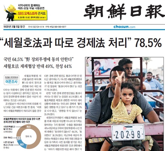 <조선일보>는 8월 28일자 보도를 통해 '세월호법과 경제법을 따로 처리해야 한다'는 여론이 78.5%에 달한다고 보도했다. 