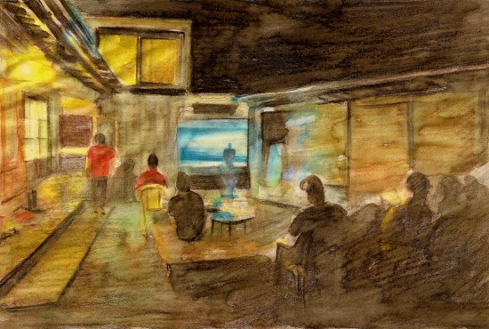 만화방 손님들은 마당 평상에 둘러앉아 저녁을 먹고 함께 영화를 보기도 한다. 여름밤 한 장면을 수채색연필로 그렸다.