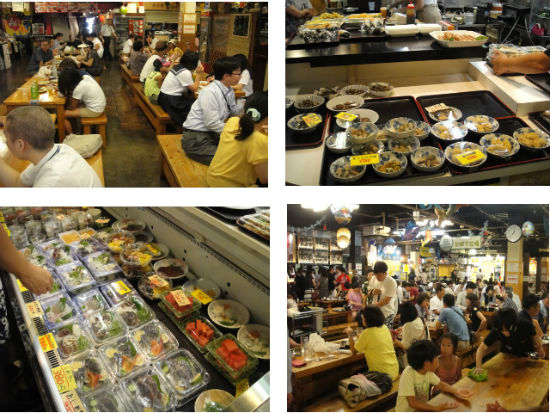       고치시 히로메 시장에서는 생선회를 비롯한 해산물 먹거리를 자유롭게 사서 그 자리에서 먹을 수 있습니다.  
