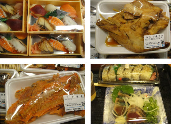       고치시 히로메 시장에서 먹을 수 있는 바다 먹거리 일부입니다. 생선으로 초밥을 만들거나 굽거나 기름에 튀겨서 먹습니다. 