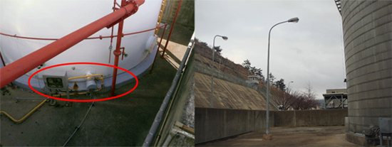 (좌) 고리2발전소 위험물 옥외탱크저장소 방유제 안에 설치되어 있는 전기시설. (우) 원전 시설 보조보일러 연료탱크에 설치된 방유제 내부의 가로등.  