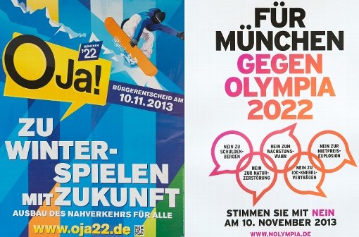 동계올림픽 2022년 개최 유치 주민투표 찬성 (왼쪽) 반대 (오른쪽) 홍보포스터. 찬성 측과 반대 측 모두 지역의 미래를 강조하고 있다.
