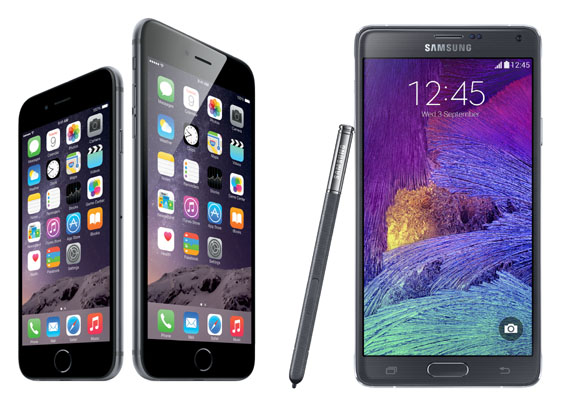 애플 아이폰6-아이폰6+(왼쪽)와 삼성 갤럭시노트4.(두 사진을 합성한 것으로 실제 크기는 다를 수 있습니다) 