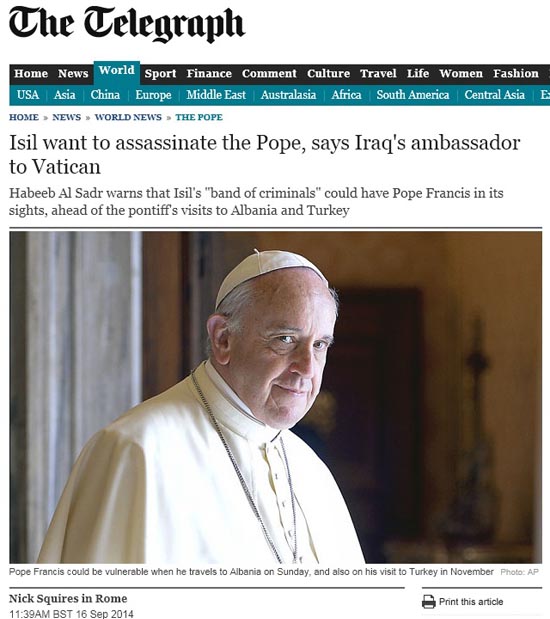 이슬람국가의 교황 암살 가능성을 보도하는 영국 <텔레그래프> 갈무리.