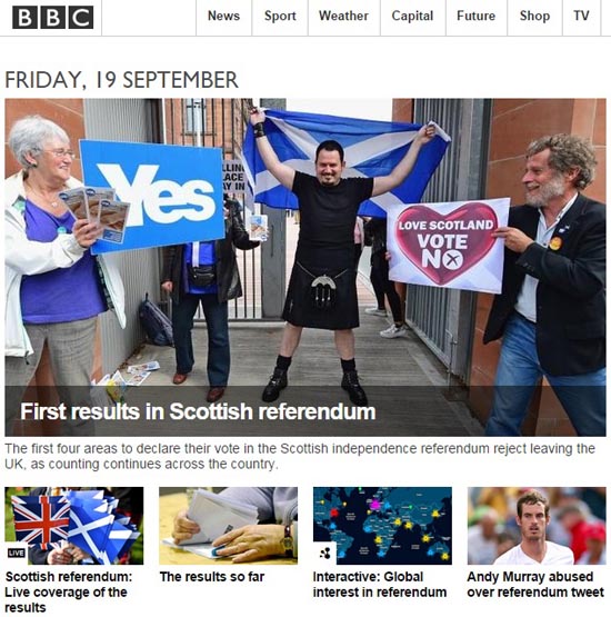 스코틀랜드 주민투표 개표 상황을 전하는 영국 BBC뉴스 갈무리.