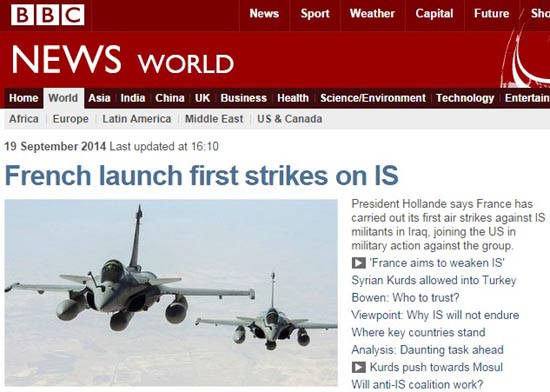 프랑스군의 이라크 공습 개시를 보도하는 영국 BBC뉴스 갈무리.