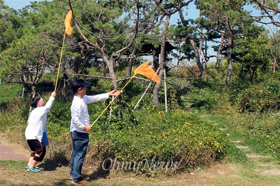 고양생태공원에서 열린 바이오블리츠 행사에서 정광수 한국잠자리연구소장이 참가 어린이와 함께 잠자리를 채집하고 있다.