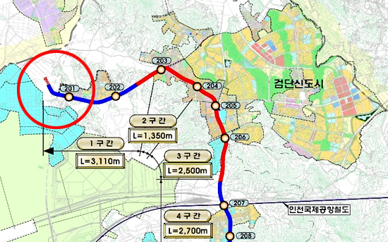 2009년 7월에 작성된 인천지하철 2호선 노선도 및 공구분할도. <출처 : 인천도시철도건설본부> 
