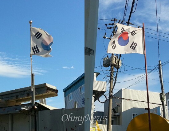 김종부 전 창원시 제2부시장은 관공서 등에서 태극기 관리가 허술하다며 안전행정부 장관을 상대로 경찰에 고발했다. 자세히 보면 사진 속 국기들은 찢어져 있다.
