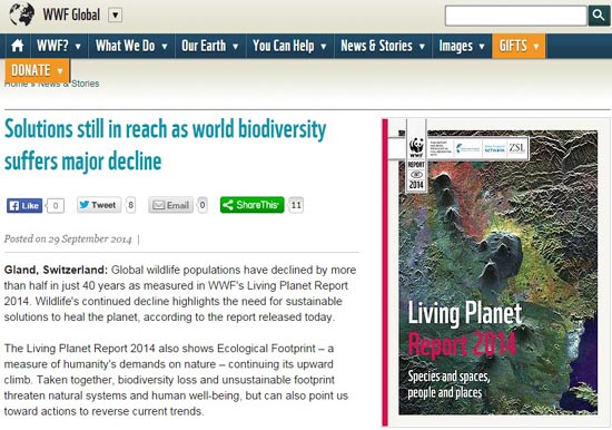 급격한 야생동물 감소를 발표하는 세계자연보호기금(WWF) 홈페이지 갈무리.