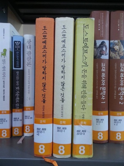 서울도서관 서가에 <도스토예프스키, 돈을 위해 펜을 들다>와 <도스또예프스끼가 말하지 않는 것들>이 나란히 꽂혀 있다.