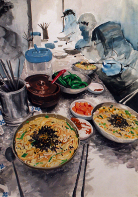김우연 시조시인의 <서문시장 칼제비>를 그림으로 형상화한 장인광 화백의 그림. 사진은 전시된 액자를 재촬영한 것이므로 실제 작품과는 크기, 색깔 등이 다르다는 사실을 밝혀둡니다. 아래의 사진들도 마찬가지입니다.