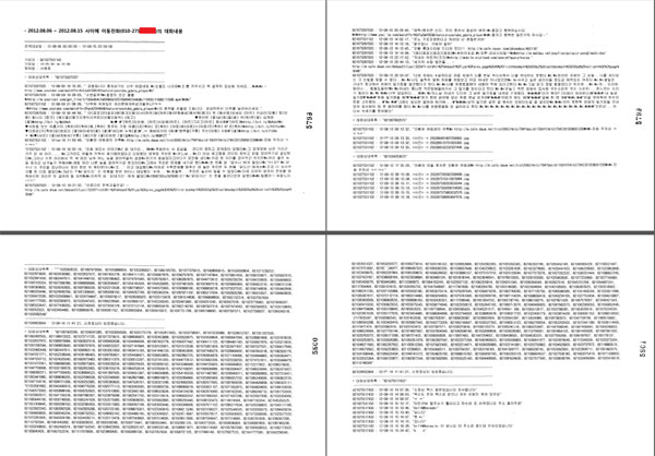 국정원이 카카오톡 통신제한조치(감청) 내용을 토대로 만들어 법원에 제출한 증거 문서. 지난 2012년 8월 수사 대상자의 한 달간 카카오톡 대화 내용이 고스란히 담겨있다.