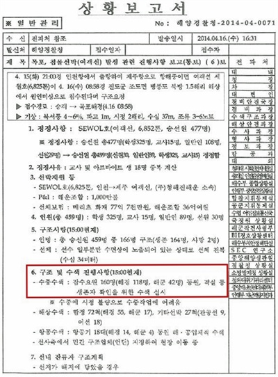  지난 4월 16일 오후 4시 31분 해경 본청 상황보고서 제6보이다.