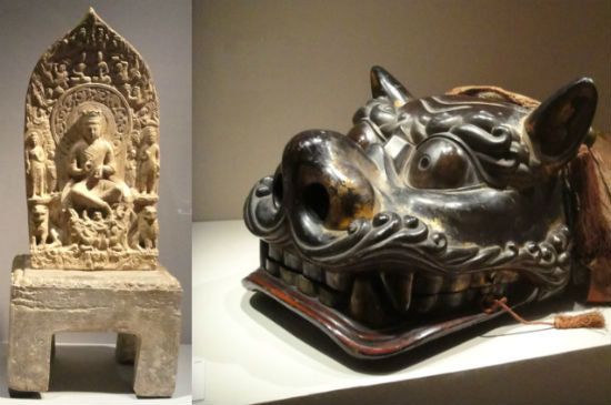 　　6세기 중국 동위 시대 만들어진 불상(交脚菩薩五尊像) 양쪽에 새겨진 사자상과 사자탈춤에 사용된 사자탈입니다.