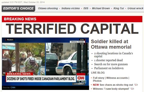 캐나다 수도 오타와에서 벌어진 동시다발적 총격 사건을 보도하는 CNN 뉴스 갈무리.