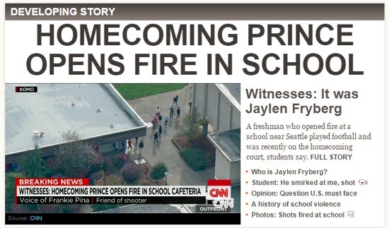 미국 워싱턴주 고교에서 발생한 총격 사건을 보도하는 CNN 뉴스 갈무리.