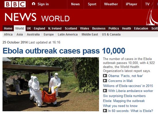 세계보건기구(WHO)가 발표한 에볼라 로드맵을 보도하는 영국 BBC 뉴스 갈무리.