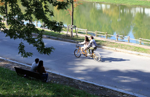 가을날 주말 오후의 관방제림 풍경. 연인들끼리 천변을 따라 자전거를 타거나 나무의자에 앉아 얘기를 나누고 있다.
