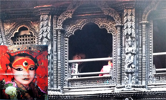 네팔의 살아 있는 여신 '쿠마리'가 있는 '쿠마리'하우스, 사진 촬영이 금지되어 왼쪽 밑 사진은 간판에 있는 얼굴을 찍은 것입니다.