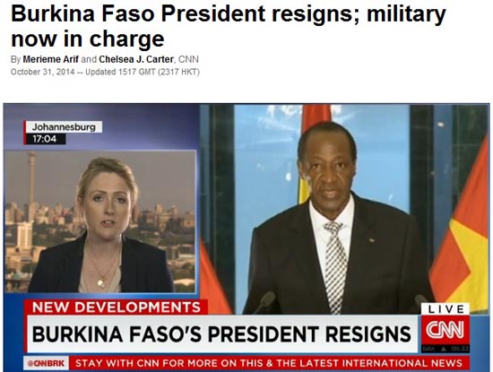 블레즈 콩파오레 부르키나파소 대통령의 사퇴를 보도하는 CNN뉴스 갈무리.