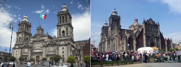 멕시코 시티를 대표하는 두 건물은 모두 스페인 식민지 시절 아즈텍의 사원을 허물고 지어진 건물이다.