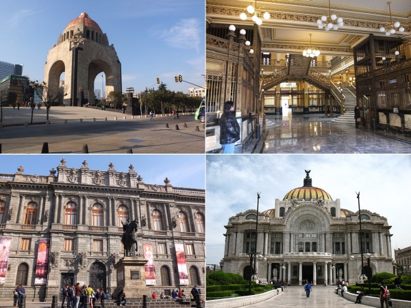  왼쪽 상단부터 시계방향으로 혁명탑(Monumento de Revolucion), 중앙우체국(Palacio de Correos), 예술궁전(Palacio de Bellas Artes), 국립궁전(Palacio de Nacional). 멕시코시티의 옛 건물들에는 유독 '궁전'이 많이 붙는데, 직접 보면 특별한 설명을 듣지 않아도 고개가 끄덕여진다.