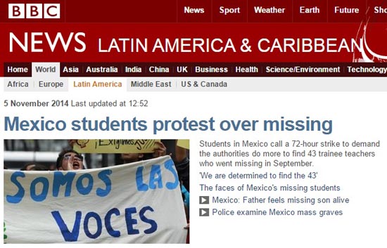 실종 학생들을 찾아내라는 멕시코 전국 대학생들의 동맹 휴업을 보도하는 영국 BBC뉴스 갈무리.