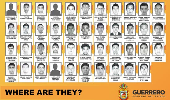 멕시코 게레로주가 배포한 실종 대학생 43명 포스터