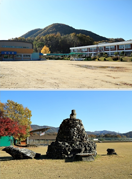  안남초등학교에서 바라본 둔주봉과 안남면사무소 앞 탑신당